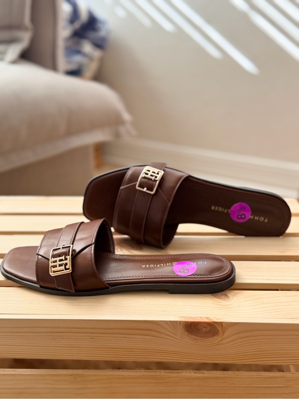 Tommy Hilfiger Brown Slide Sandals with Gold-Tone Buckle